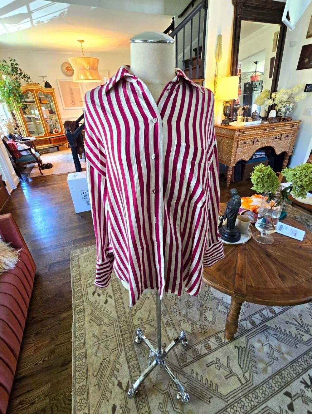 Zara Women's Burgundy/White Striped Collared Long Sleeve Button-Up Shirt M